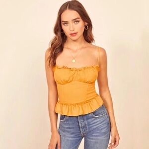 NWT Reformation Clarice Cami Top in Ochre Golden Mustard Yellow Smocked Ruffle